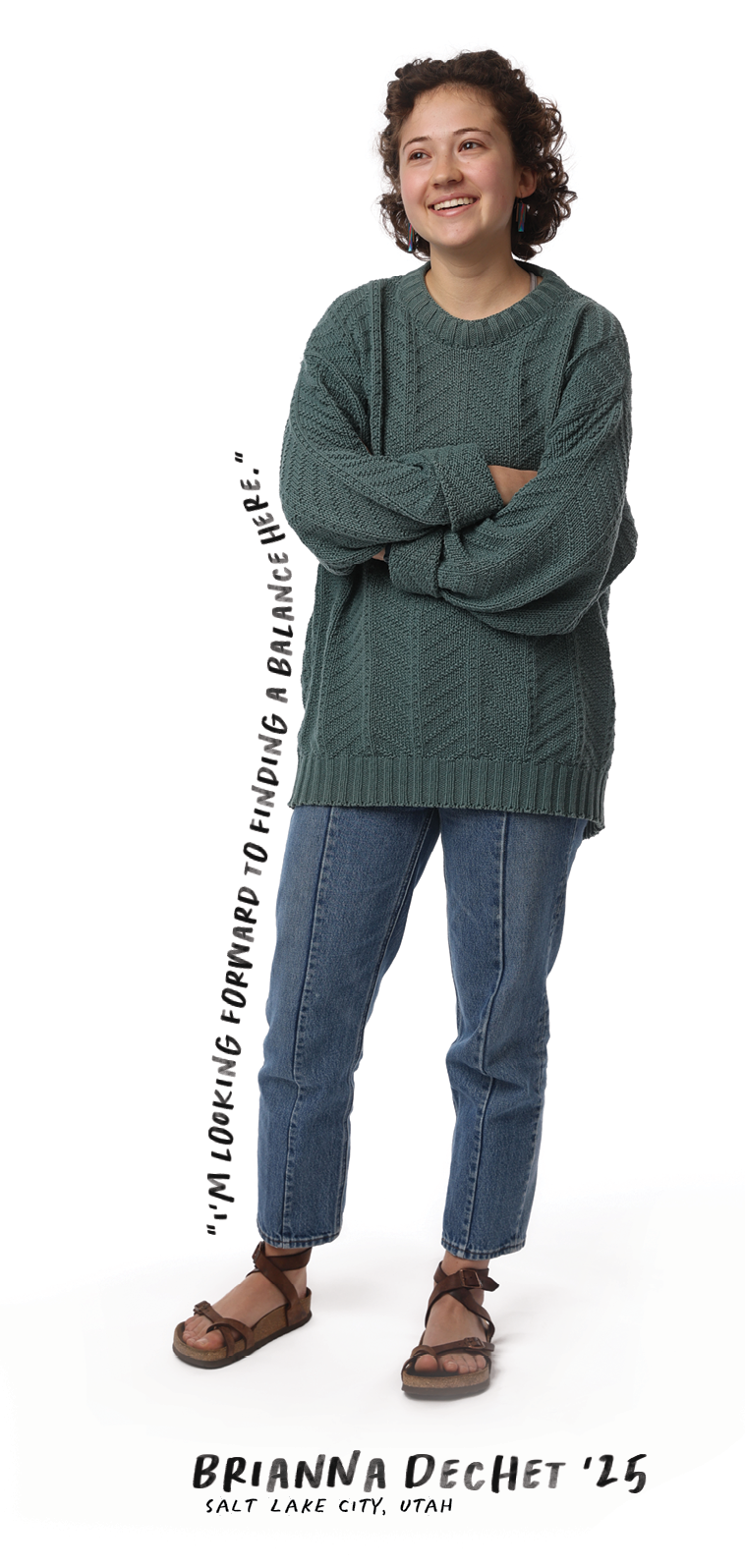 Student standing with arms crossed. Text floats to the left.