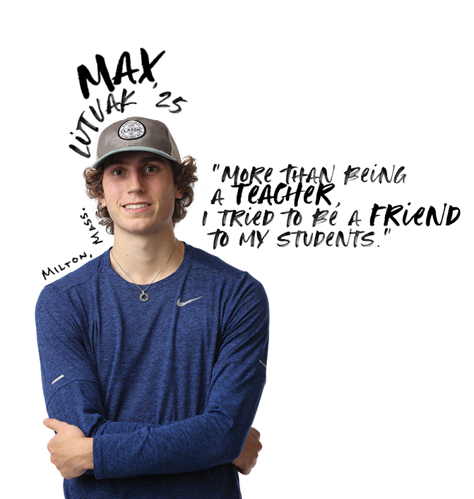 Student wearing blue shirt and baseball cap with text surrounding them.