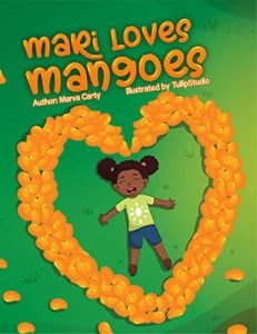 book cover illustration showing a little girl with brown skin smiling surrounded by mangoes in a heart shape