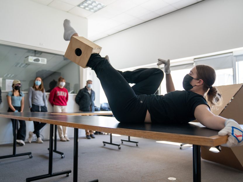 Photo of Alex Bernstein ’23 participating in a group work-in-progress in spring 2021.