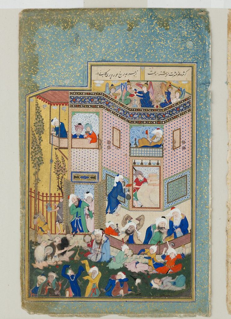 Allegory of Worldly and Otherworldly DrunkennessFPO Image of ALLEGORY OF WORLDLY AND OTHERWORLDLY DRUNKENNESS, Folio from the Divan of Hafiz. ca. 1531–33. Opaque watercolor, ink and gold on paper. Jointly owned by The Metropolitan Museum of Art, New York, NY, USA and Arthur M. Sackler Museum, Harvard University. Gift of Mr. and Mrs. Stuart Cary Welch Jr., 1988. 1988.430 + L.2019.55