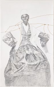 Image of SOJOURNER TRUTH, 2022. Silverpoint on prepared paper with gold thread and embroidery by Sabrina Nelson.