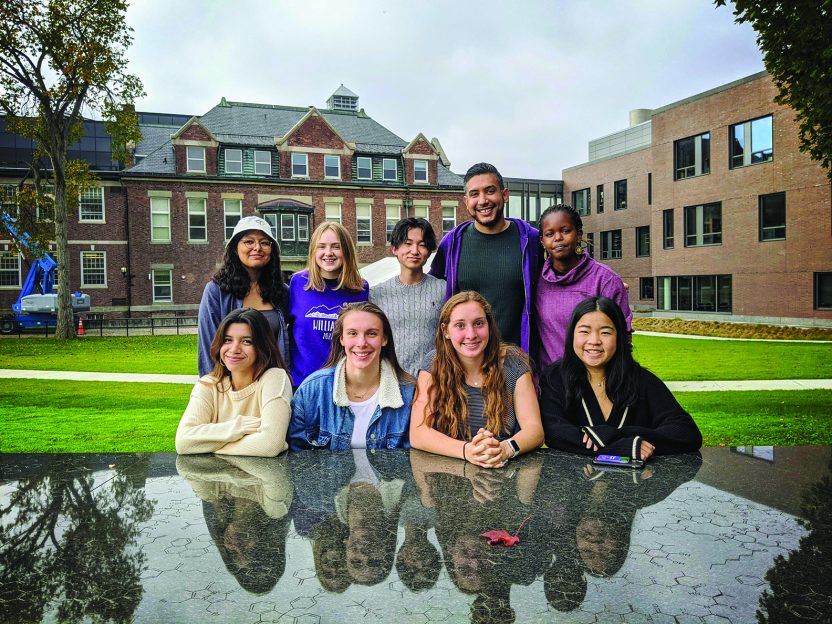 Professor Cazares with his students on the Science Quad.