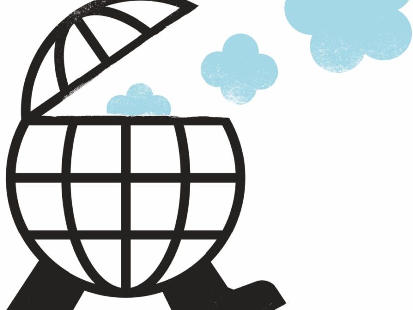 Illustration of a walking globe emitting clouds