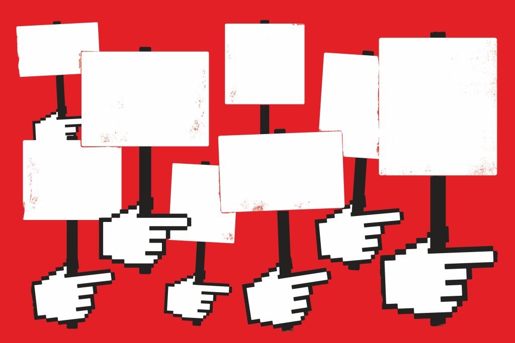 Illustration of hands holding picket signs