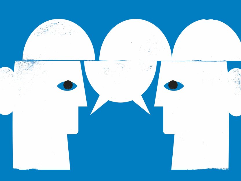 Illustration of two large heads in conversation with one another.