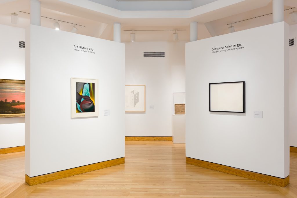 A view of WCMA museum walls with art from the Object Lab fall 2023 exhibition.