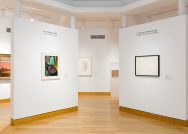 A view of WCMA museum walls with art from the Object Lab fall 2023 exhibition.
