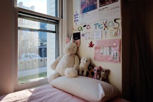 The corner of dorm room where the bed sits beneath a window, featuring posters and stuffed animals on the bed.