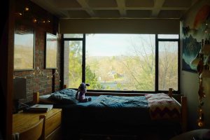 A college dorm room featuring a large window over the bed.