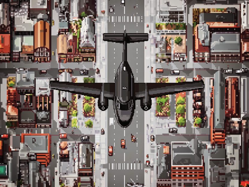 A computerized image of a black plane flying above a city street.
