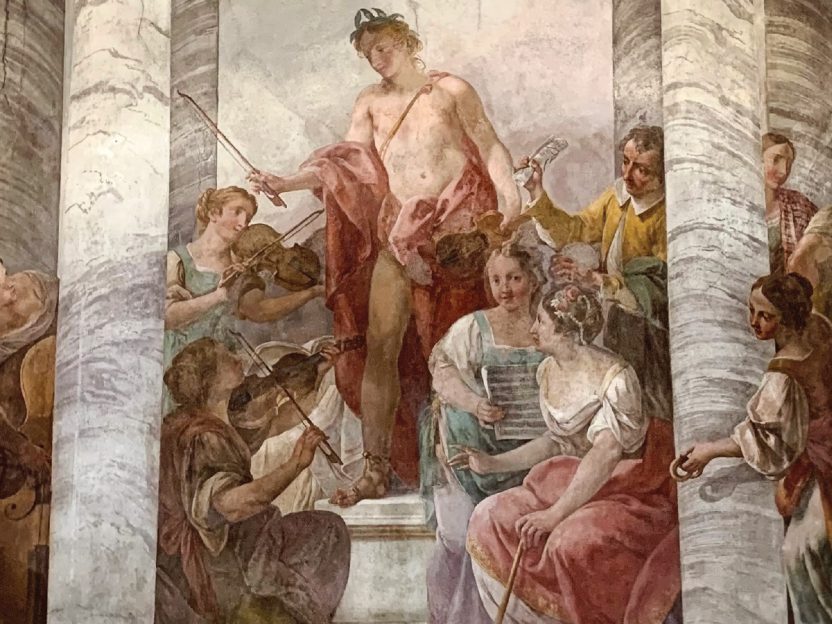 A detail of the fresco where Marica Tacconi '92 spotted a depiction of sheet music from an opera by Pasquale Anfossi.