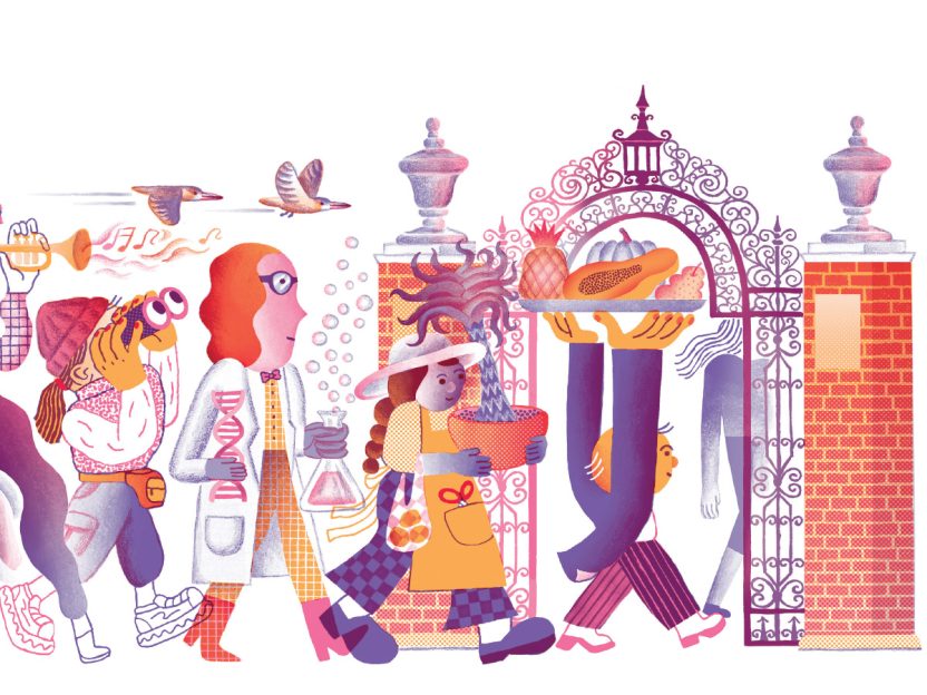 A stylized illustration of professors walking through college gates, bringing world experience with them to campus