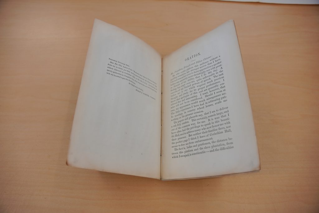 Photograph of the pamphlet "Oratorio," a print of Frederick Douglass' famous speech now known as “What to the American Slave is the 4th of July?”