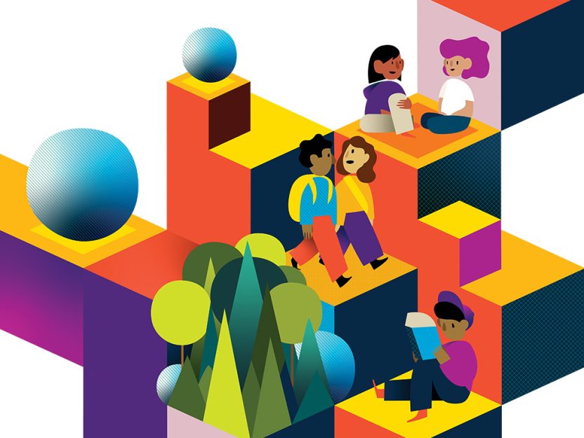 Colorful illustration of students and teachers working with AI