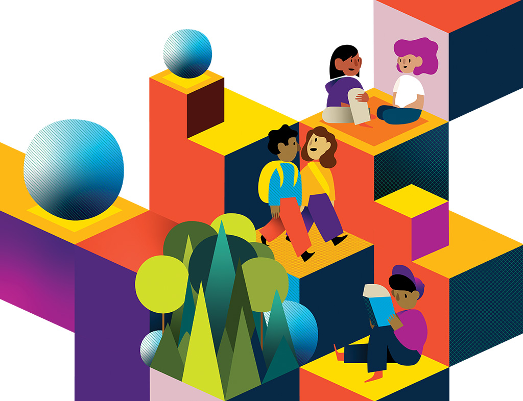 Co-opForComputing-01 Colorful illustration of students and teachers working with AI