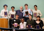 Dick Quinn (back row, center) poses with some of the recipients of the Frank Deford and Aaron Pinsky '06 Student Broadcaster awards.