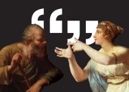An image of Socrates in conversation with an ancient Greek woman