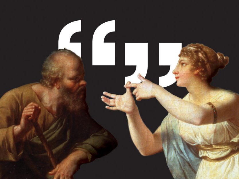 An image of Socrates in conversation with an ancient Greek woman