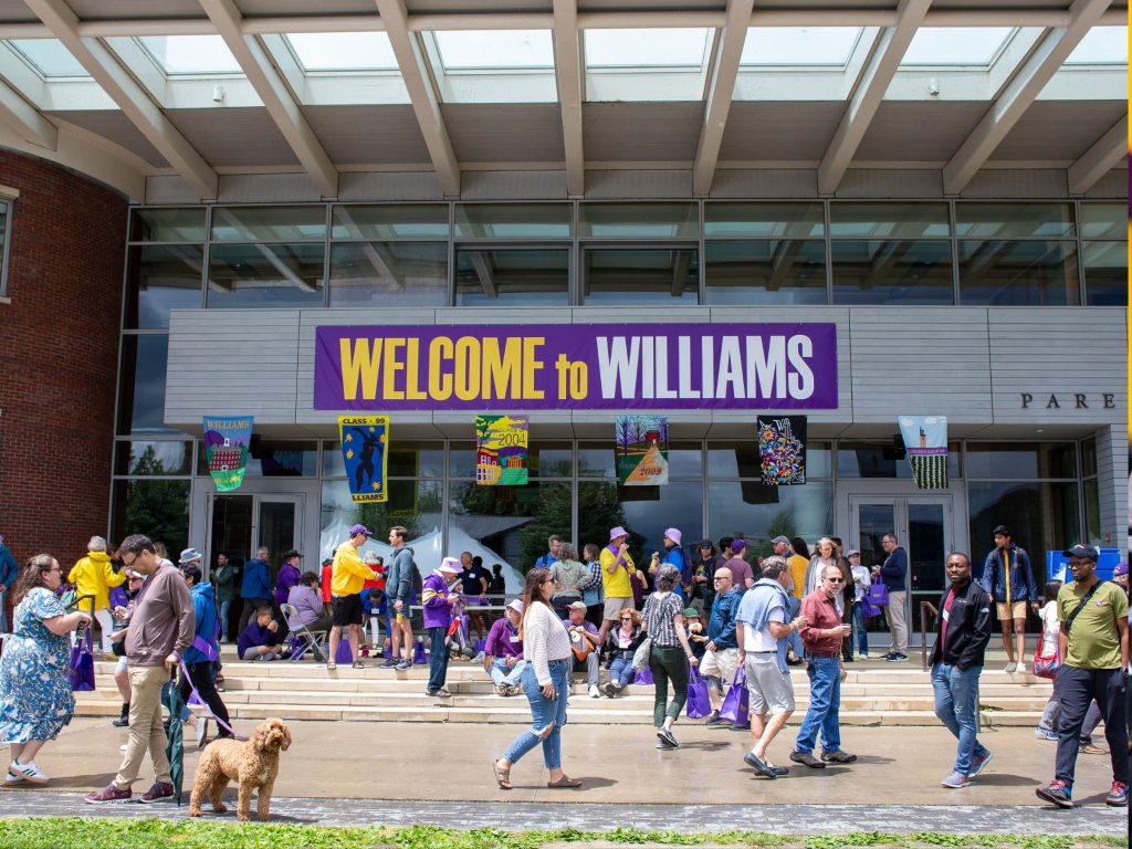 Photo of alumni gathered in front of Paresky Hall for Reunion Weekend.