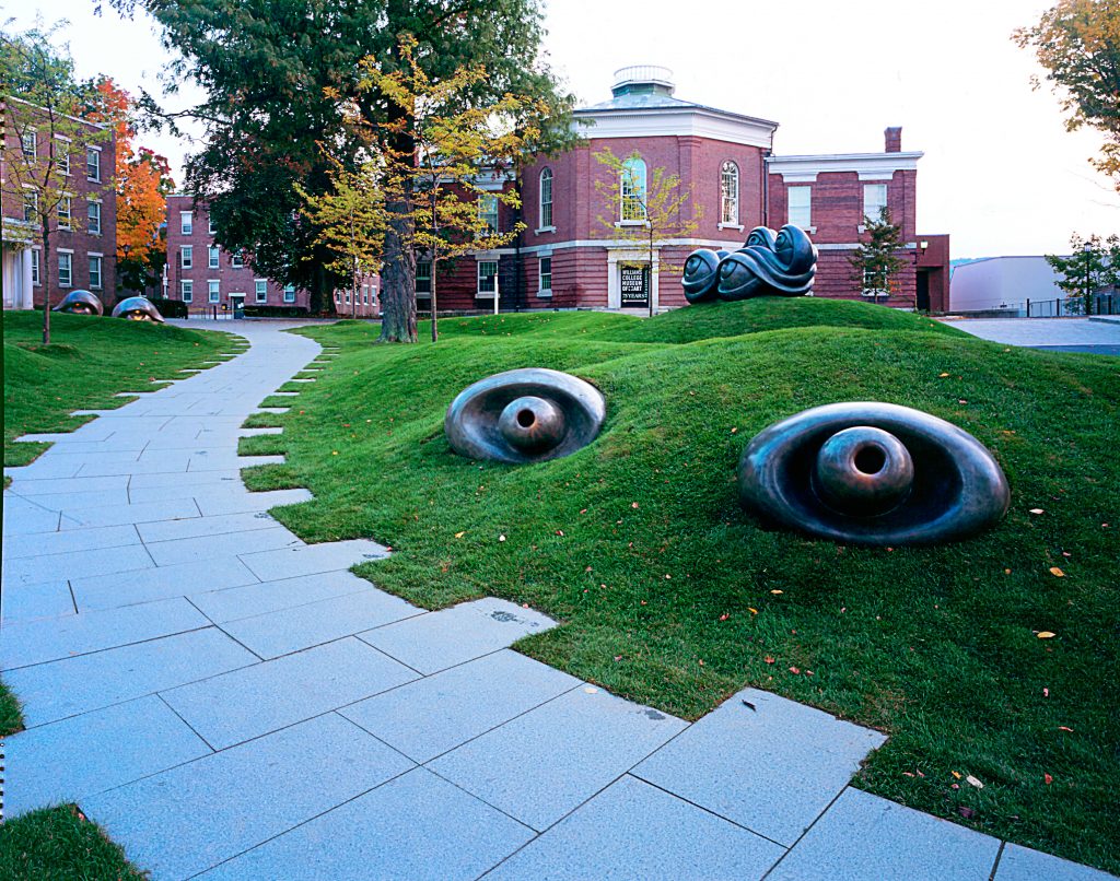 photo of the sculptures that look like eyes outside the Williams College Museum of Art building
